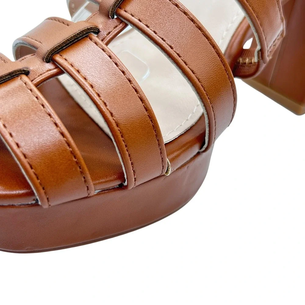 Allegra‎ K Platform Heel Sandals Womens 7 Brown Strappy Cage T Strap Block Heel